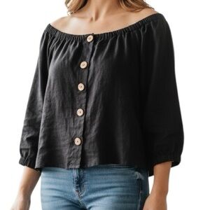 Michael Michael Kors Black Linen Cropped Button Front Top Size 10